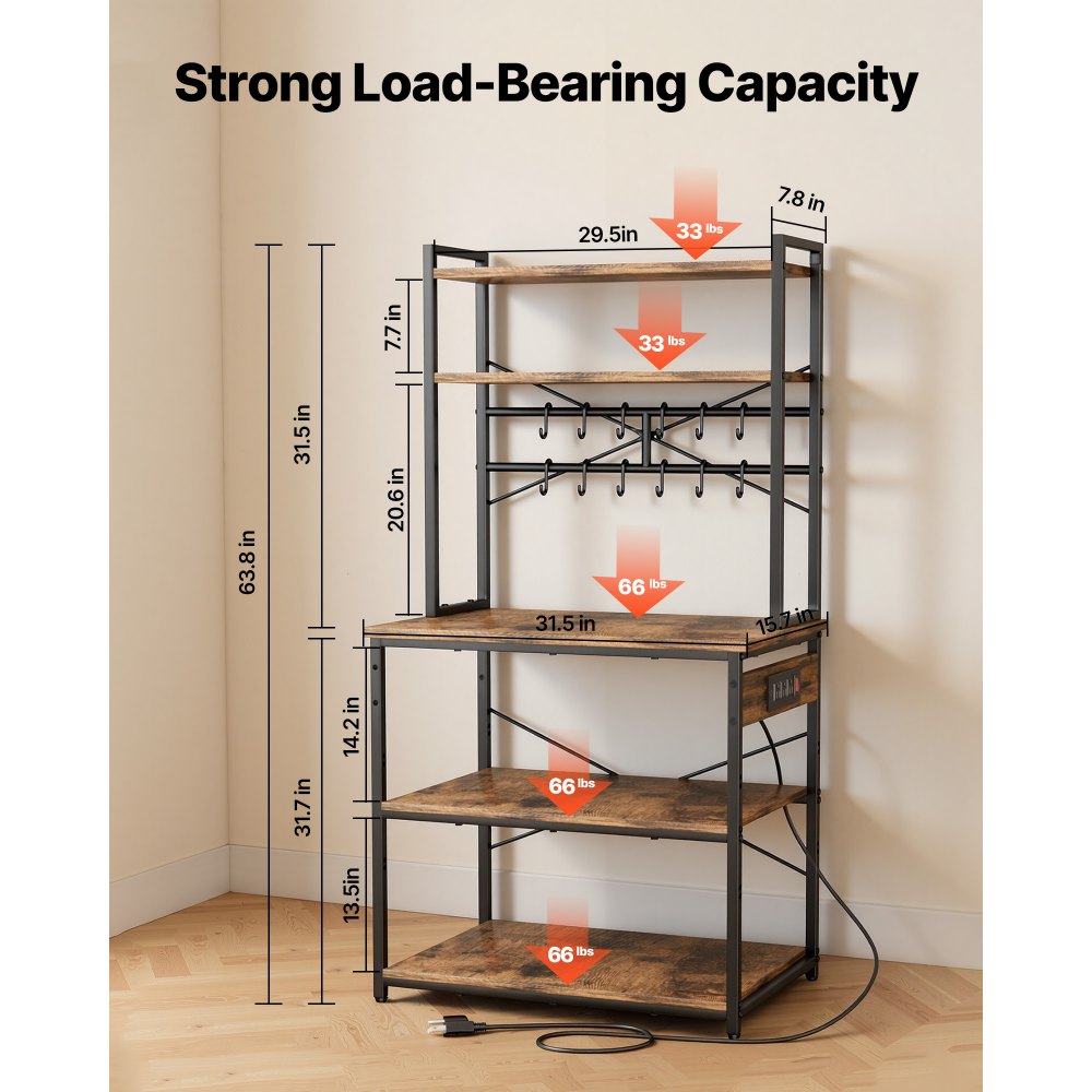 VEVOR Keukenrek voor bakkers (800 x 400 x 1618 mm) met X-vormige steunbalk, 12 S-vormige haken, geïntegreerd stopcontact, magnetronbestendig schap voor servies, kruidenpotjes en een metalen schap.