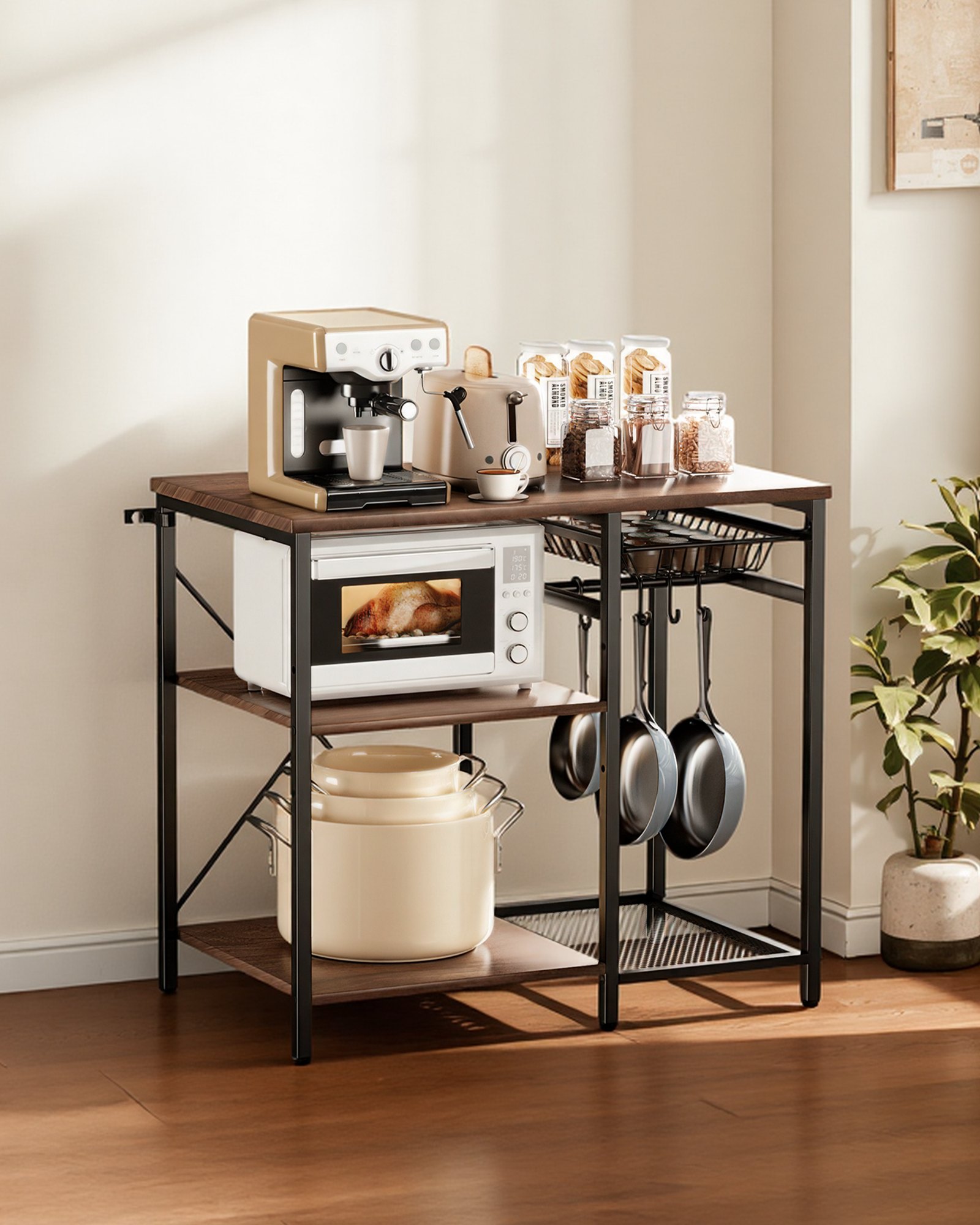 VEVOR Keukenrek/bakkersrek (90 x 40 x 90 cm) met X-vormige steunbalk, 5 S-vormige haken, opbergvakken met meerdere niveaus, magnetronbestendig plankje voor borden, kommen en kruidenpotjes, metalen plank