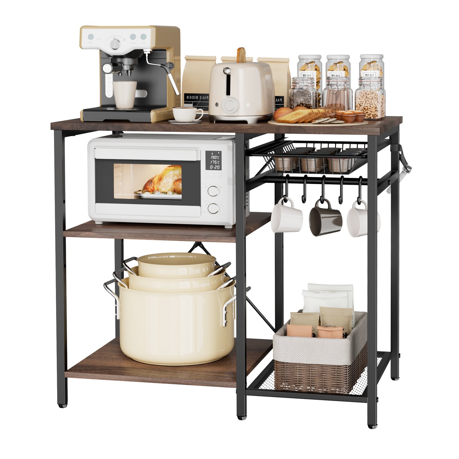 VEVOR Keukenrek/bakkersrek (90 x 40 x 90 cm) met X-vormige steunbalk, 5 S-vormige haken, opbergvakken met meerdere niveaus, magnetronbestendig plankje voor borden, kommen en kruidenpotjes, metalen plank