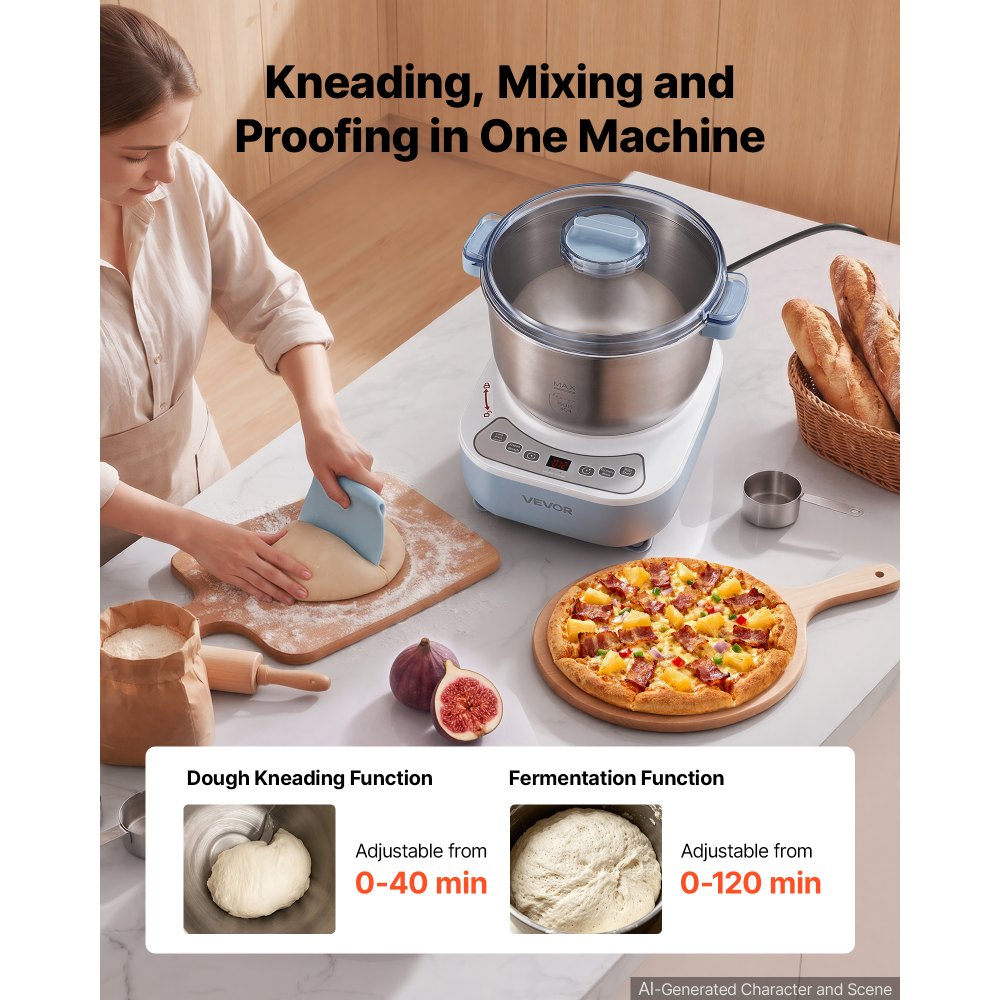 VEVOR Deegmixer met rijsfunctie 6,5 liter elektrische deegmachine 250 W voor brood, pizza, gestoomde broodjes en gebak, met roestvrijstalen kom, digitaal bedieningspaneel en timer, tot 1600 g bloem.