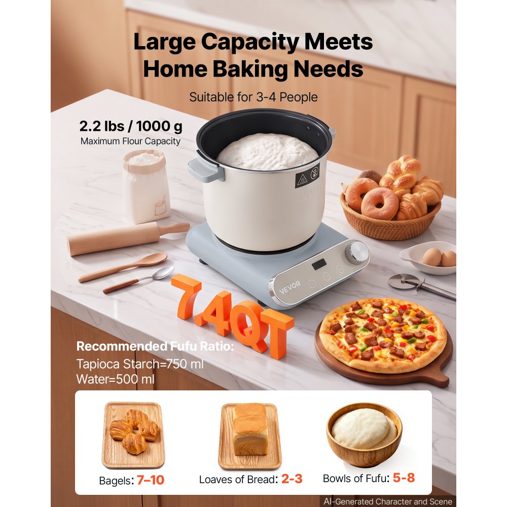 VEVOR Deegmixer met Rijsfunctie 7 L Elektrische Deegmachine 250 W voor Pizza, Pasta, Zuurdesem en Fufu, Antiaanbak Aluminium Kom, Timer, Digitaal Bedieningspaneel, tot 1000 g Bloem