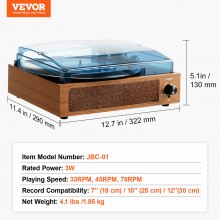 VEVOR Bluetooth platenspeler 3 snelheden riemaandrijving 3W luidsprekers 33/45/78rpm