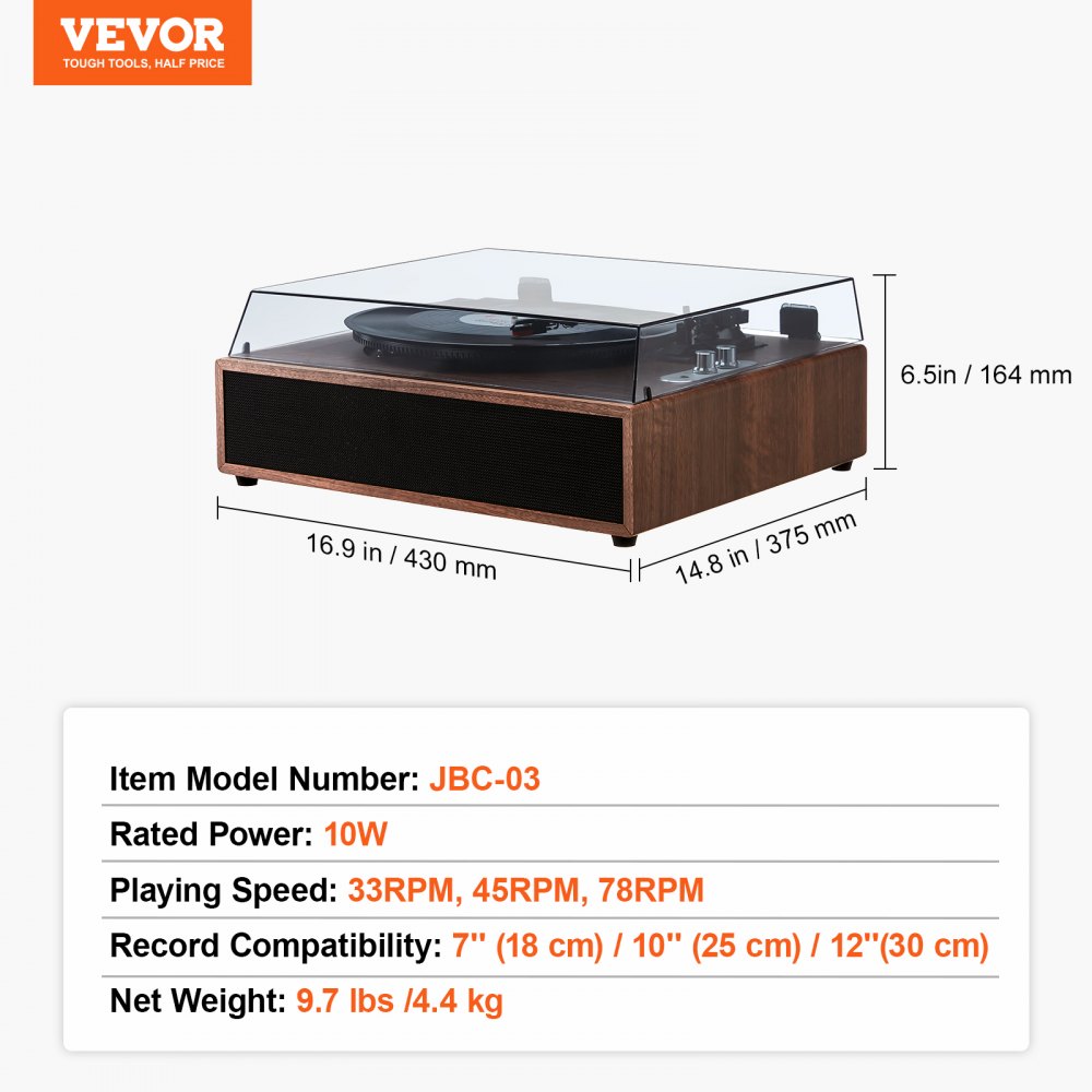 VEVOR Vinyl Record Player, 3-Speed, Belt Driven Turntable Player with Built-in 10W Stereo Speakers Magnetic Cartridge, Support 33/45/78 RPM Bluetooth Aux in RCA Output, for 7/10 /12 in Vinyl Records