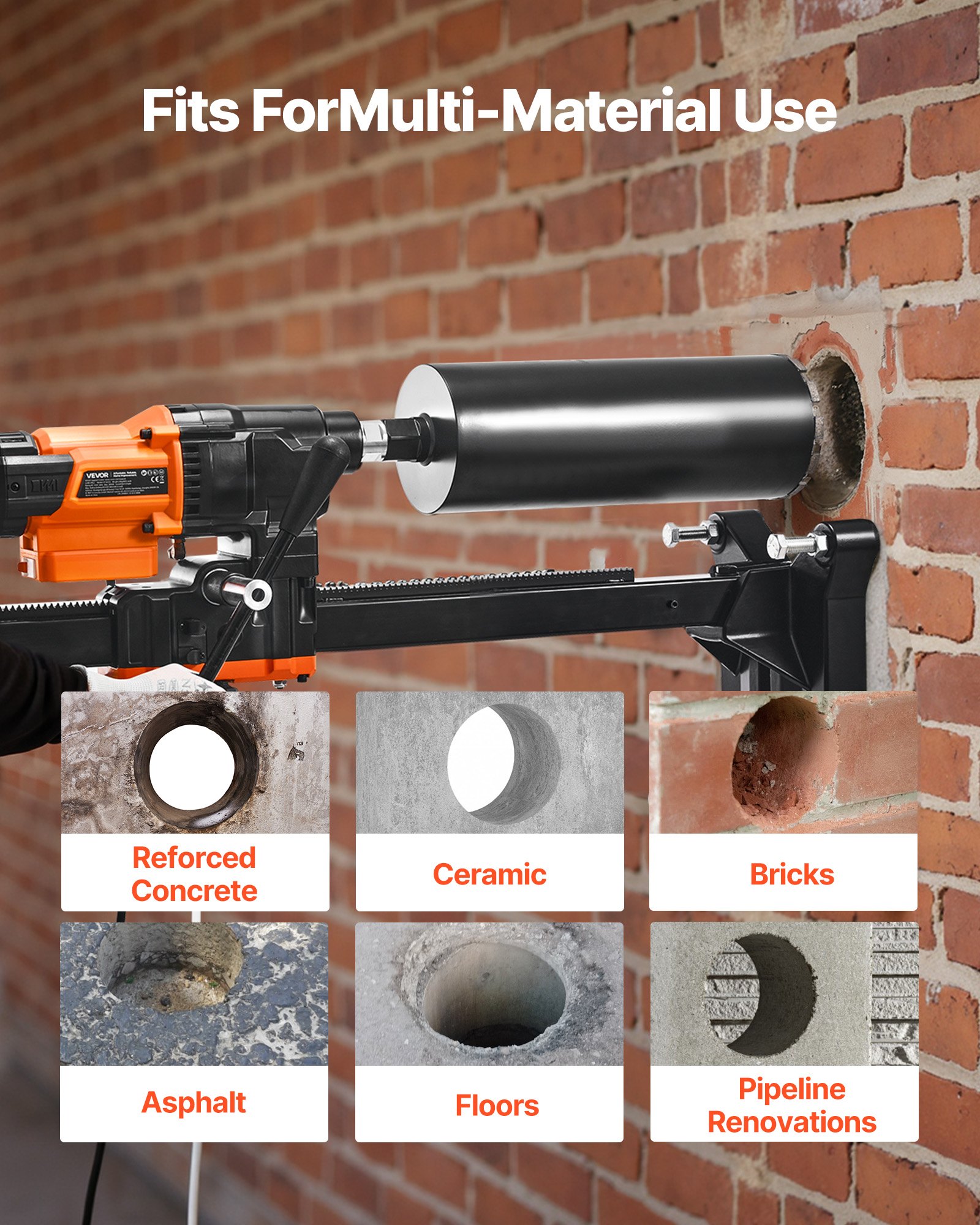 VEVOR diamantkernboormachine, maximale boordiameter 26 cm, nat/droog diamantboren met 10 boren en boorstandaard, instelbare snelheid, UNC1 1/4-7 schroefdraad, voor beton en baksteen, 2500 W