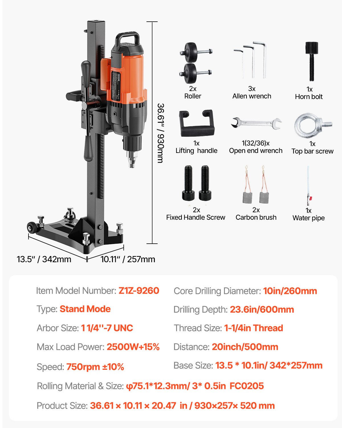 VEVOR Diamond Drilling Machine 2500W Diamond Core Drilling Machine Core Drilling Device 0-750 rpm Core Drilling Machine, 26cm Magnetic Drill Suitable for drilling reinforced concrete, marble, etc.