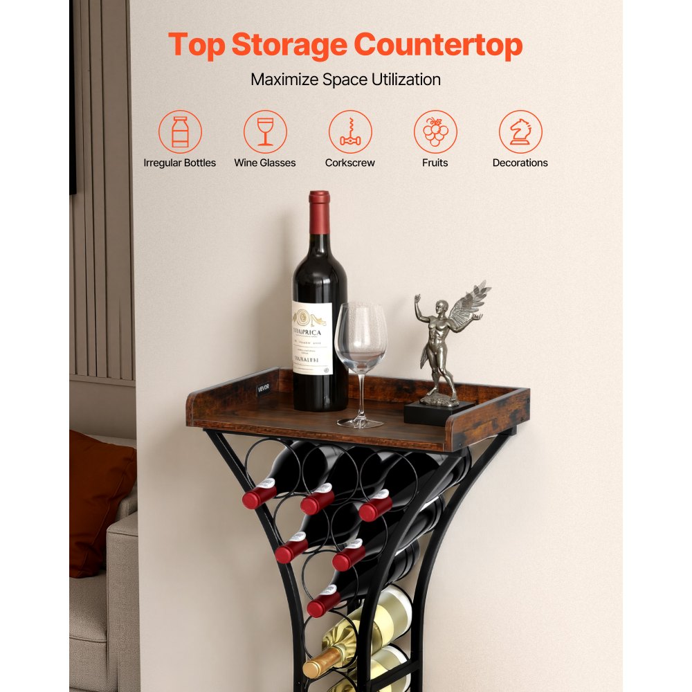 VEVOR 15 Bottle Wine Rack,Iron Freestanding Floor Wine Holder, Mini Bar Stand Liquor Cabinet with Wood Tabletop, For Home Bar,Kitchen,Living Room,Dining Room,16.9''L X 11.4''W X 35.2''H