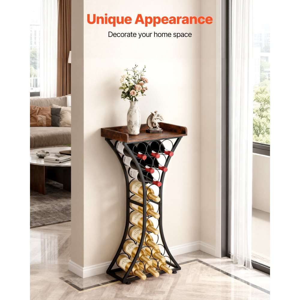 VEVOR 15 Bottle Wine Rack,Iron Freestanding Floor Wine Holder, Mini Bar Stand Liquor Cabinet with Wood Tabletop, For Home Bar,Kitchen,Living Room,Dining Room,16.9''L X 11.4''W X 35.2''H