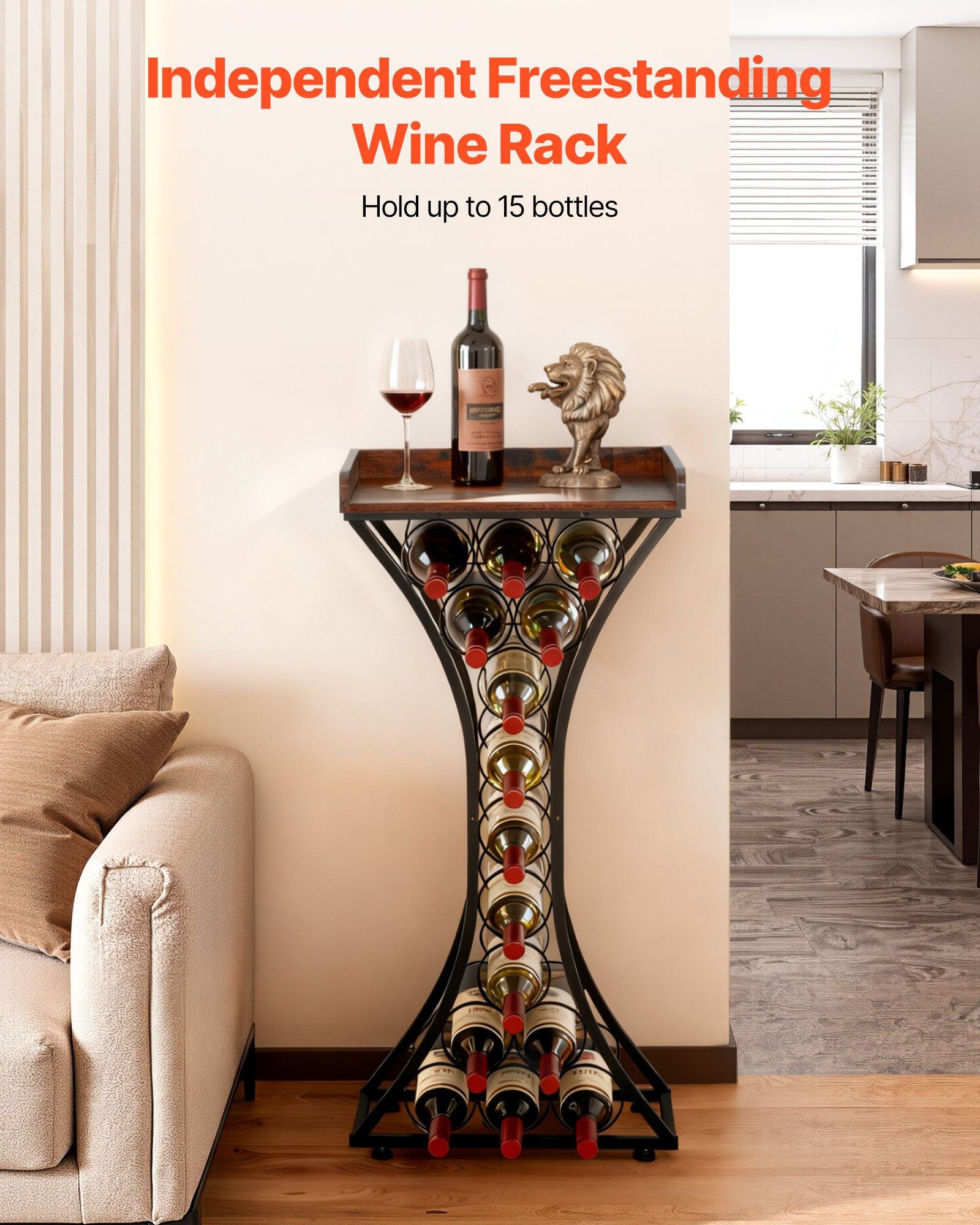 VEVOR 15 Bottle Wine Rack,Iron Freestanding Floor Wine Holder, Mini Bar Stand Liquor Cabinet with Wood Tabletop, For Home Bar,Kitchen,Living Room,Dining Room,16.9''L X 11.4''W X 35.2''H