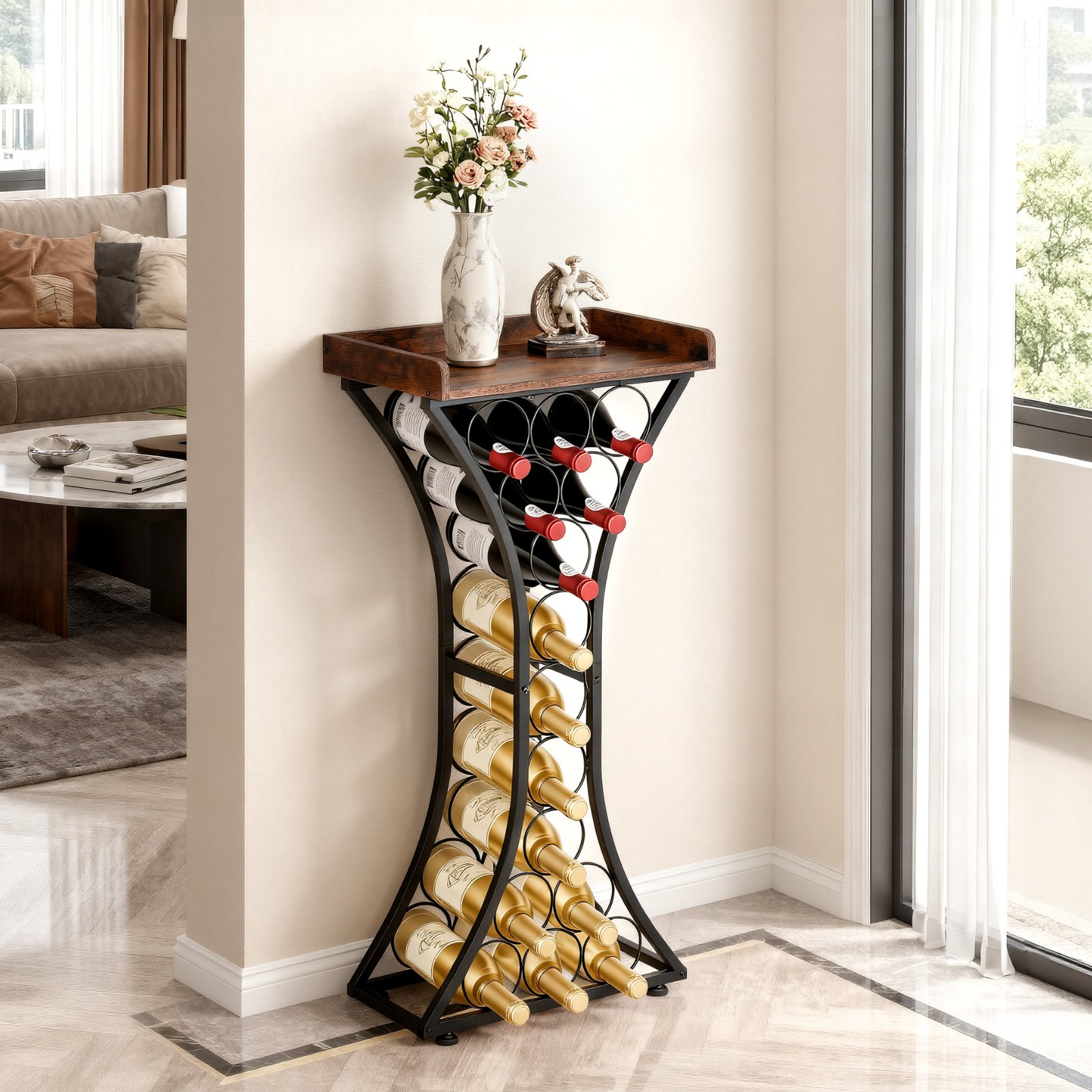 VEVOR 15 Bottle Wine Rack,Iron Freestanding Floor Wine Holder, Mini Bar Stand Liquor Cabinet with Wood Tabletop, For Home Bar,Kitchen,Living Room,Dining Room,16.9''L X 11.4''W X 35.2''H