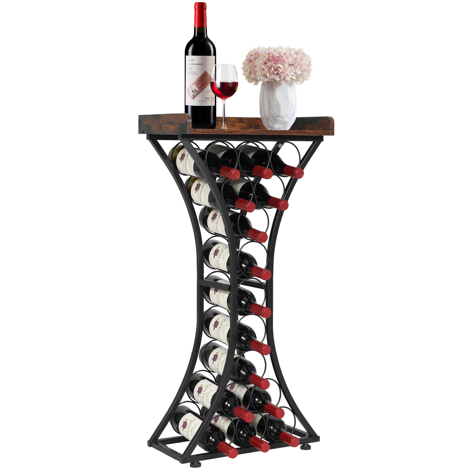 VEVOR 15 Bottle Wine Rack,Iron Freestanding Floor Wine Holder, Mini Bar Stand Liquor Cabinet with Wood Tabletop, For Home Bar,Kitchen,Living Room,Dining Room,16.9''L X 11.4''W X 35.2''H