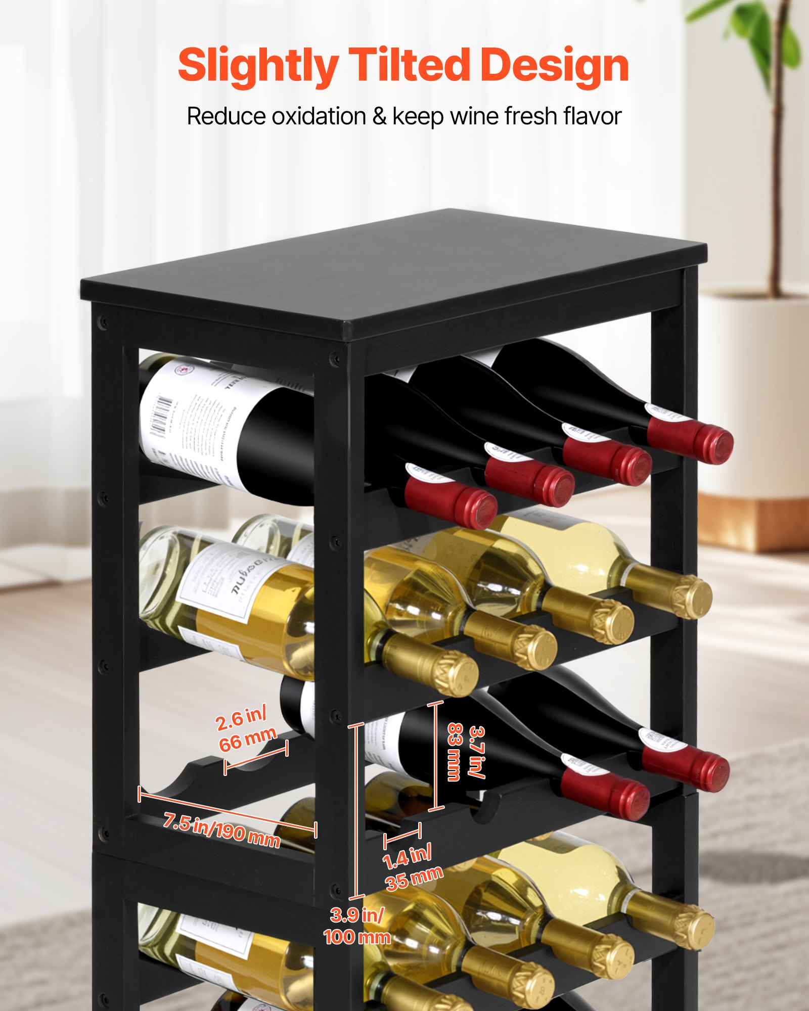VEVOR 24 Bottle Detachable Wine Rack, 6-Tier Wine Bottle Holder,Solid Bamboo Wood Freestanding Floor Display Wine Storage Shelves with Table Top, for Kitchen,Cellar,Bar,Dining Room,Living Room(Black)