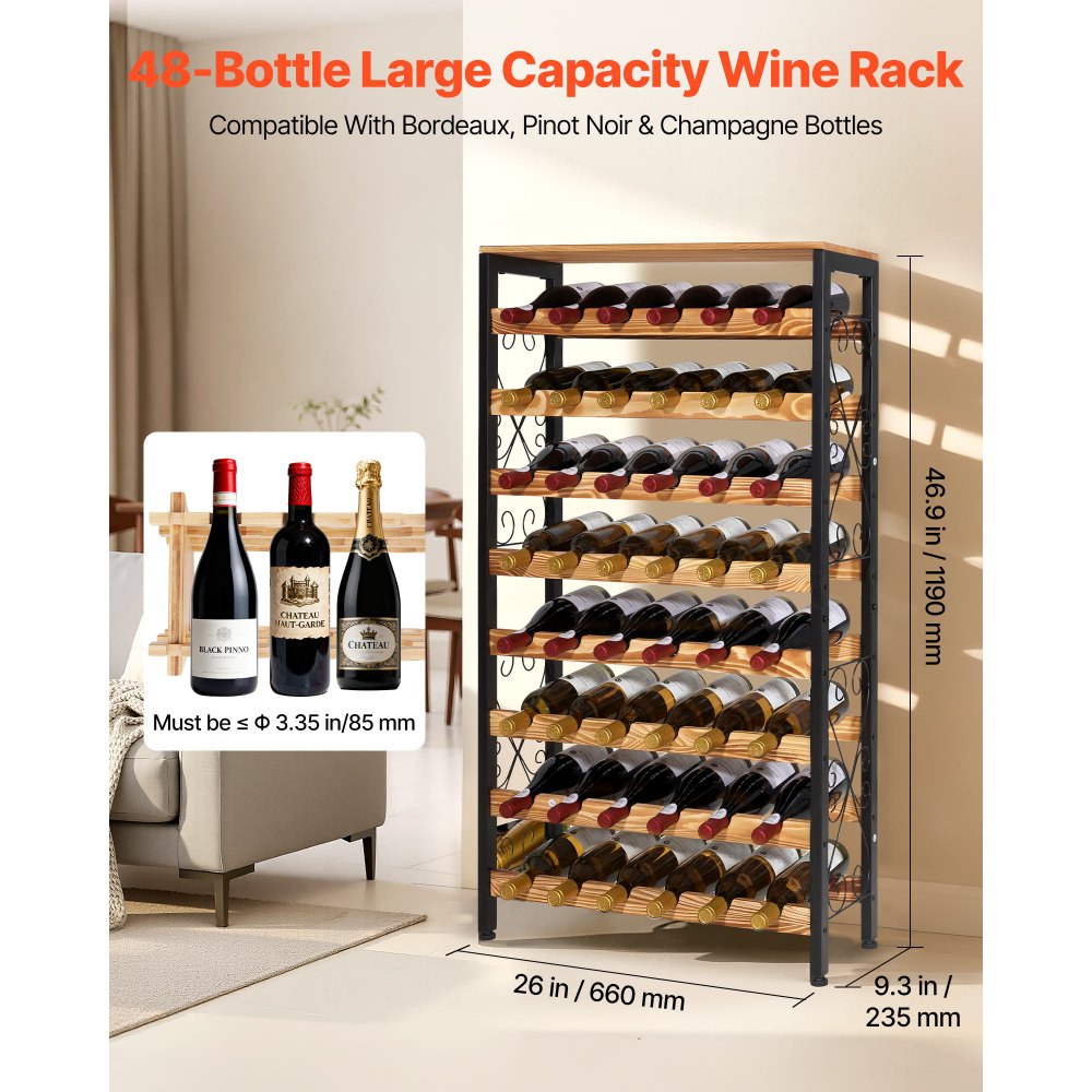 VEVOR 48 Bottle Wine Rack,8-Tier Iron Wine Bottle Holder With Wood Table Top,Freestanding Floor Display Wine Storage Shelves,For Kitchen Pantry, Cellar, Bar, Dining Room,26''L X 9.3''W X 46.9''H