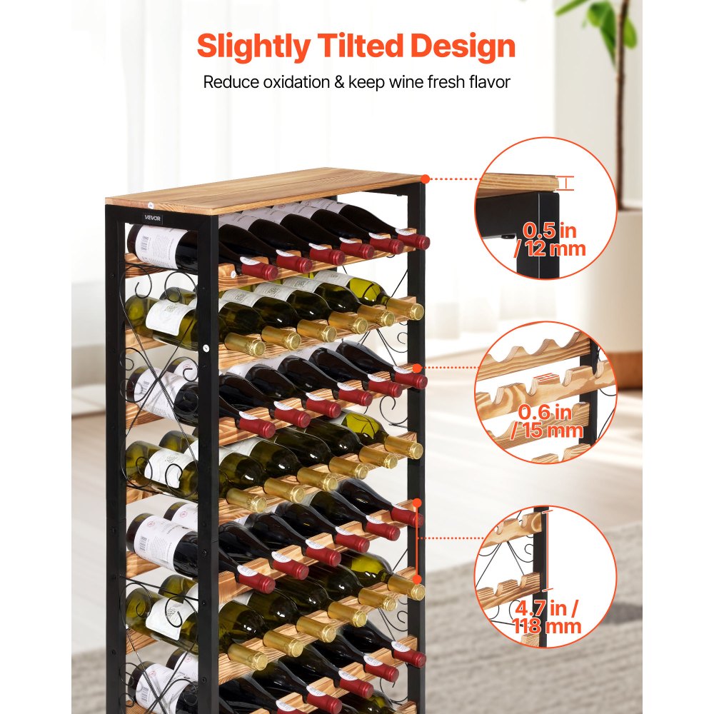 VEVOR 48 Bottle Wine Rack,8-Tier Iron Wine Bottle Holder With Wood Table Top,Freestanding Floor Display Wine Storage Shelves,For Kitchen Pantry, Cellar, Bar, Dining Room,26''L X 9.3''W X 46.9''H