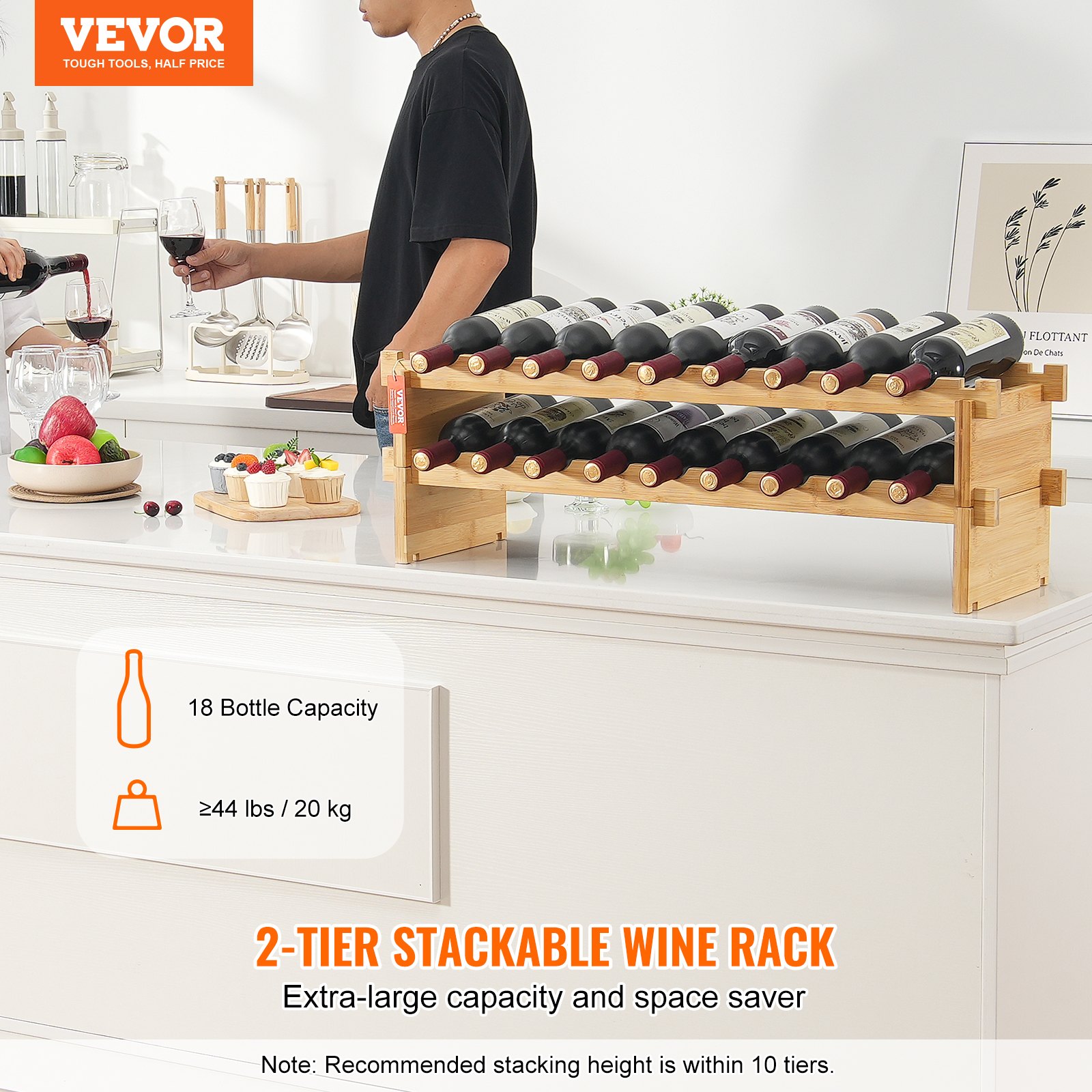 VEVOR 18 Bottle Stackable Modular Wine Rack, 2-Tier Solid Bamboo Wood Storage Racks, Floor Freestanding Wines Holder Display Shelf, Wobble-Free Shelves for Kitchen, Bar, and Cellar (Natural Color)