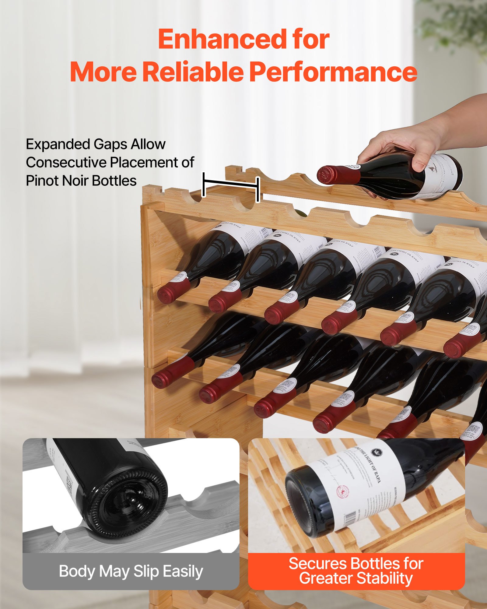 VEVOR 72 Bottle Stackable Modular Wine Rack, 8-Tier, Floor Freestanding Wine Storage Rack, Sturdy Wines Holder Display Shelf, Wobble-Free Shelves, Easy Assembly, for Kitchen, Cellar, and Bar, Natural