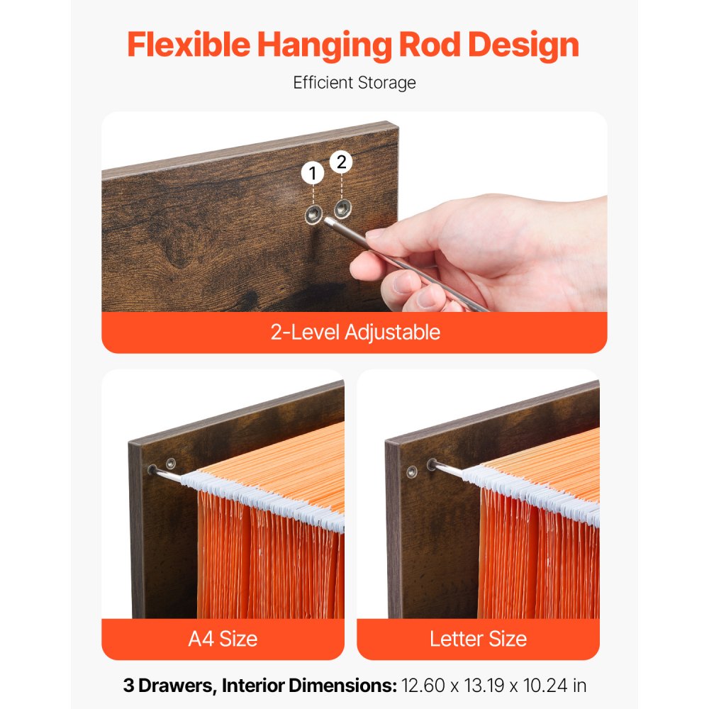 VEVOR 3 Drawer File Cabinet with Lock, Vertical Filing Storage Cabinets for Home Office, Heavy-Duty Locking Cabinet with 2-Level Adjustable Hanging Rod for A4/Letter/Legal Size File, Easy Assembly