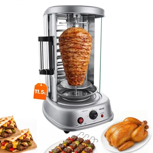 VEVOR Verticale Dönergrill 11,5 L 1500 W Gyrosgrill Kebab Shawarma Zilver voor Kleine Huishoudens, Maximale Temperatuur 190 °C, Timer 0–60 Minuten, Veiligheidsglazen Deur, Lekbak, Draaibare Vork en Spiesjes