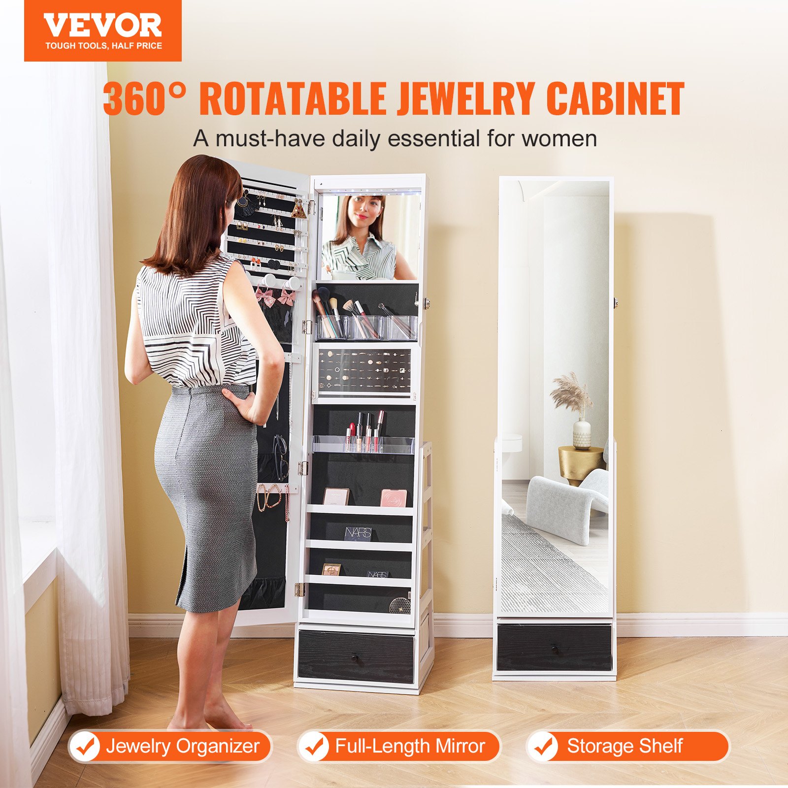 VEVOR Mirror Jewelry Cabinet, 360° Swivel Standing Mirror with Storage, Lockable Jewelry Mirror Organizer with Full Length Mirror, Velvet Lining, LED Light, Drawer, Freestanding Jewelry Armoire, White
