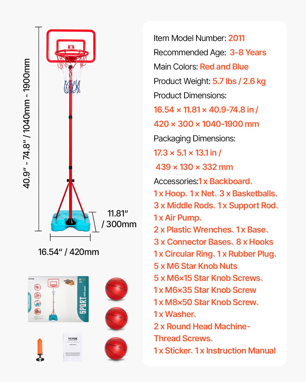 VEVOR Kids Basketball Hoop, Height Adjustable, Portable Basketball Court with Fillable Base, Indoor and Outdoor Backyard Sport Game, Toddler Basketball Toys for Kids 3-8 Years Old, Boys and Girls