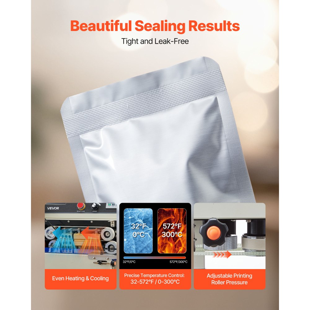 VEVOR Continuous Bag Band Sealing Machine, 6-12 mm Seal Width, Vertical Band Sealer Machine with Roller Printing , Temp & Speed Adjustable, Heat Sealing Machine for 0.03-0.8 mm Plastic Bags