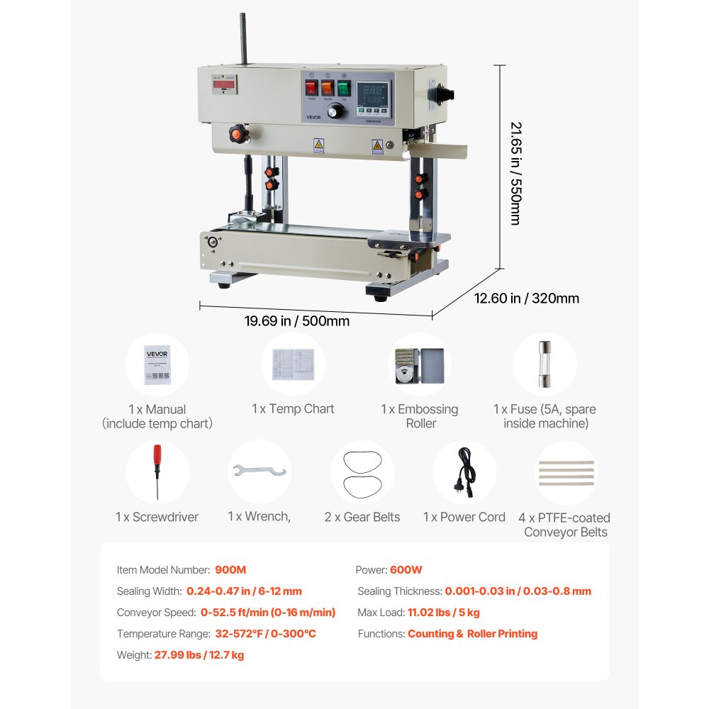 VEVOR Continuous Bag Band Sealing Machine, 6-12 mm Seal Width, Vertical Band Sealer Machine with Roller Printing , Temp & Speed Adjustable, Heat Sealing Machine for 0.03-0.8 mm Plastic Bags