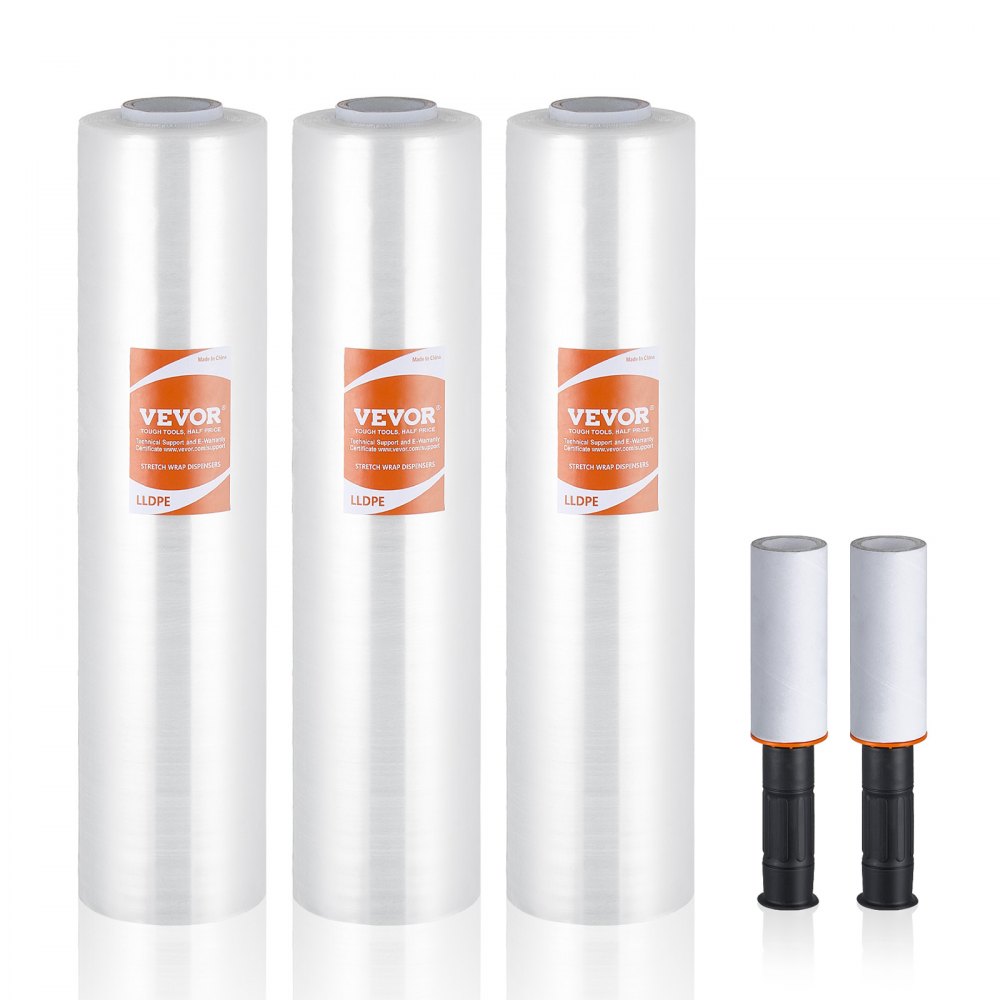 three VEVOR stretch film rolls and two black handles on a white background.