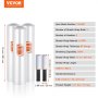 VEVOR stretch film rolls with specifications and dimensions, including lldpe material and 350% stretchability.