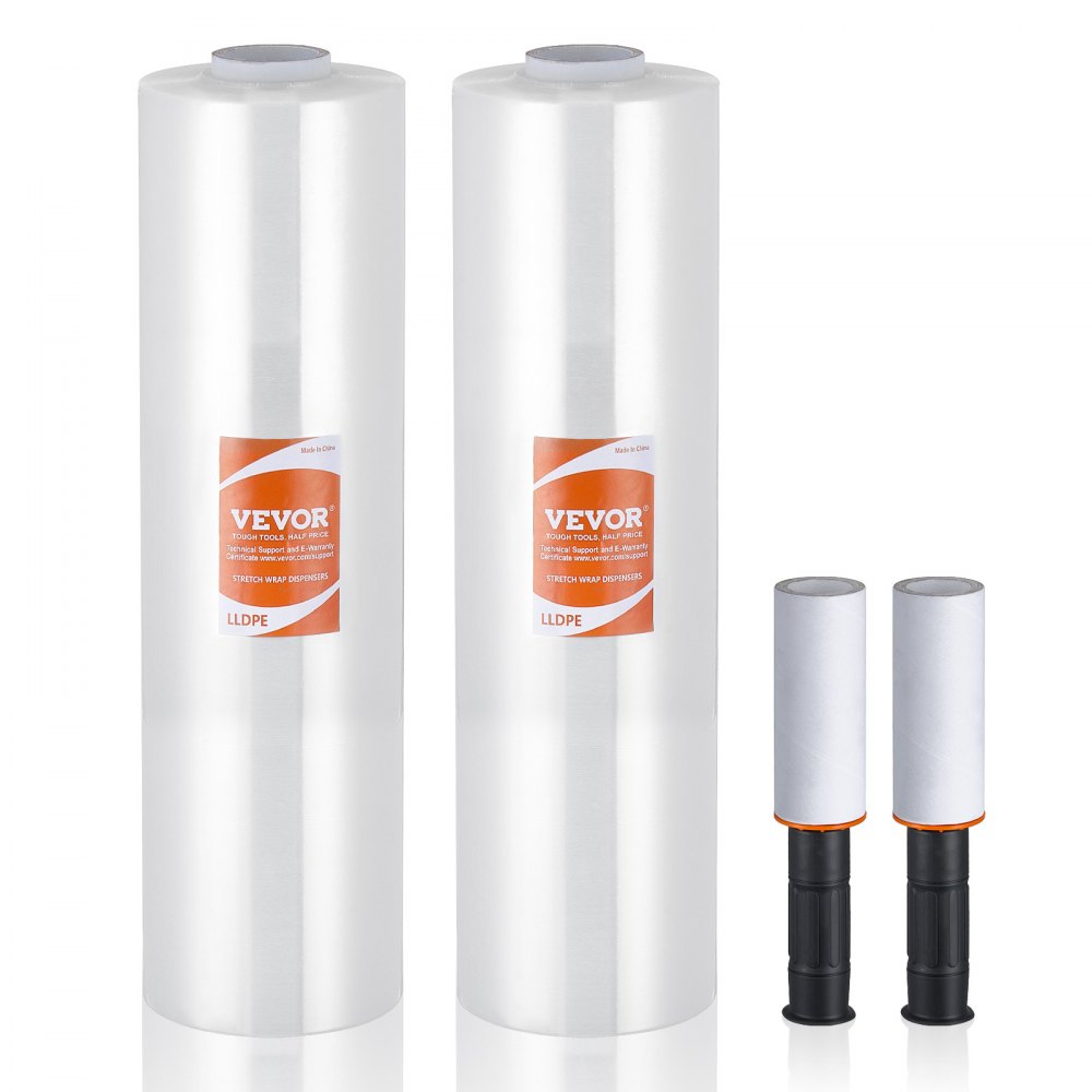 VEVOR Stretch Film, 15 inches x 1200 feet, 2 Pack, 80 Gauge Industrial Strength Clear Durable Stretch Wrap Roll, Heavy Duty Shrink Film Stretch Wrap with Handles for Pallet Wrapping Shipping Moving