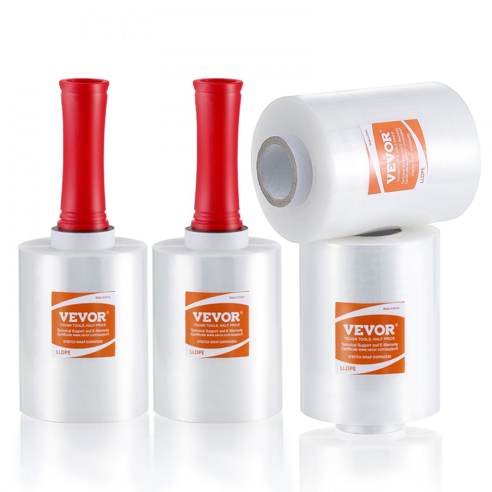 VEVOR stretch film rolls with red handles and clear plastic wrap, labeled with orange branding.