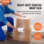 person wrapping boxes with VEVOR stretch film, highlighted benefits: tear-resistant, protects from dirt.