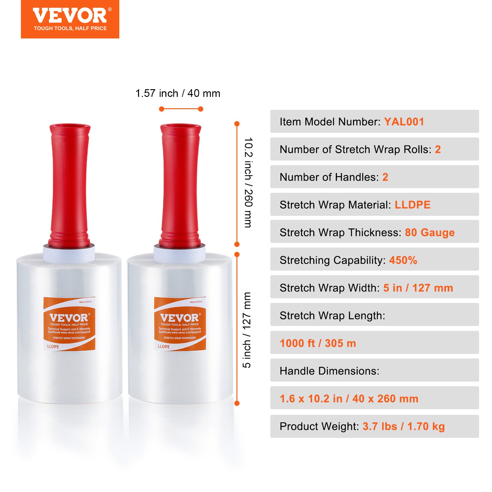 VEVOR Strong Clear Pallet Stretch Shrink Wrap Pack Cling Film 5" x 1000' 2 Rolls