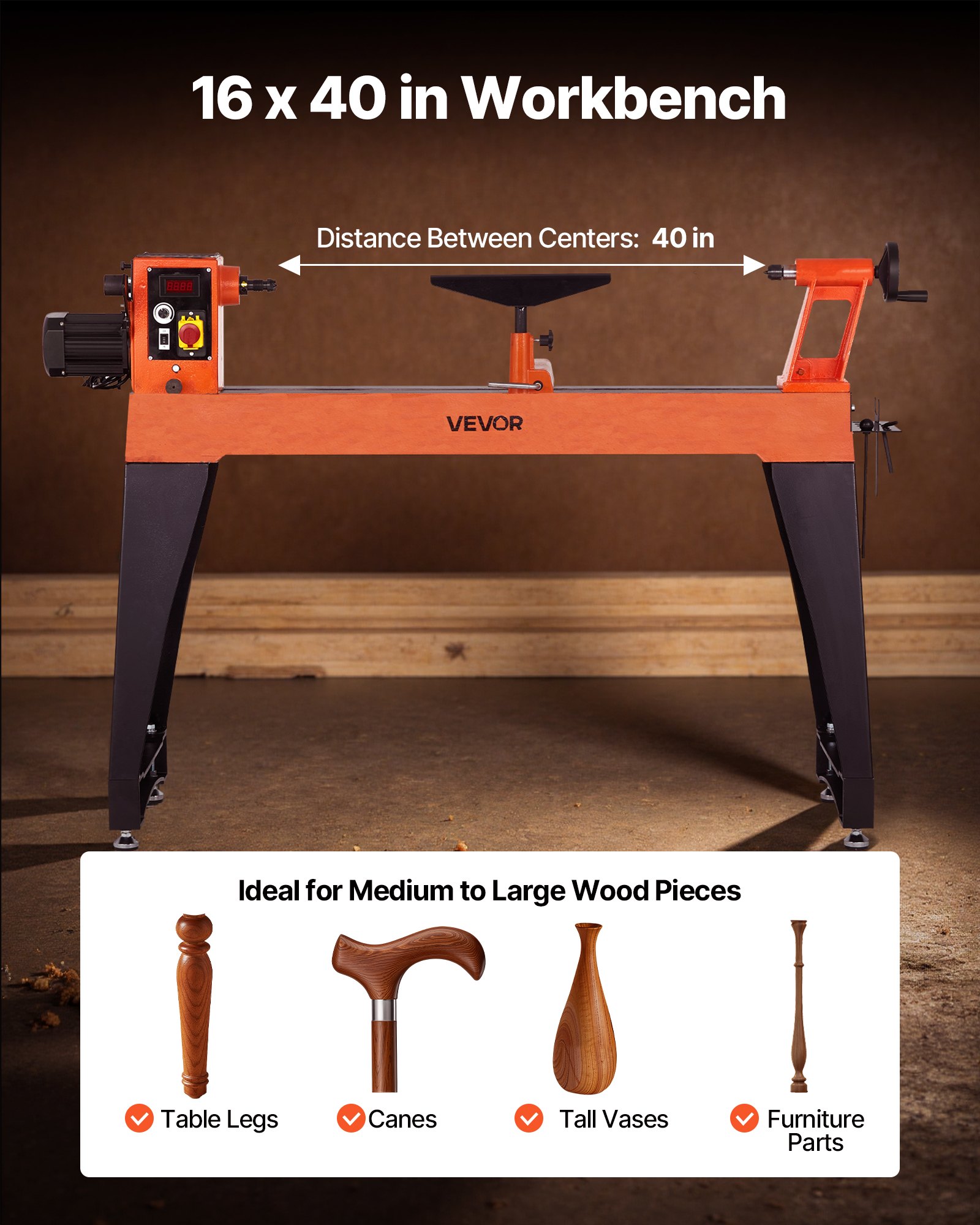 VEVOR Woodworking Lathe, 1.5 HP, Wood Lathe Machine with 0 to 3200 RPM Variable Speed, 16 x 40 in Workbench, Brushless DC Motor, Cast Iron Body, Tool Rest, for Medium to Large Projects Woodworking