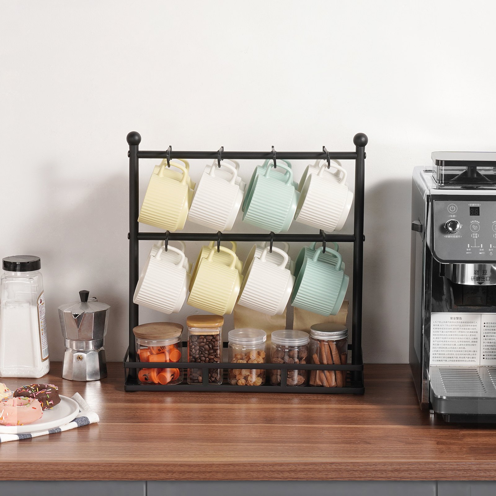 VEVOR Koffiebekerhouder Bekerhouder Bekerhouder met 16 haken en opbergbasis, 2-laags koolstofstalen bekerhouder voor opslag en weergave in de thuiskoffiebar