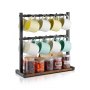 VEVOR Coffee Mug Holder for Countertop, 16 Hooks Coffee Cup Holder with Storage Base, 2 Tier Mugs Tree Rack Carbon Steel & Wood Mug Display Stand, for Coffee Bar Home Storage and Display (Matte Black)