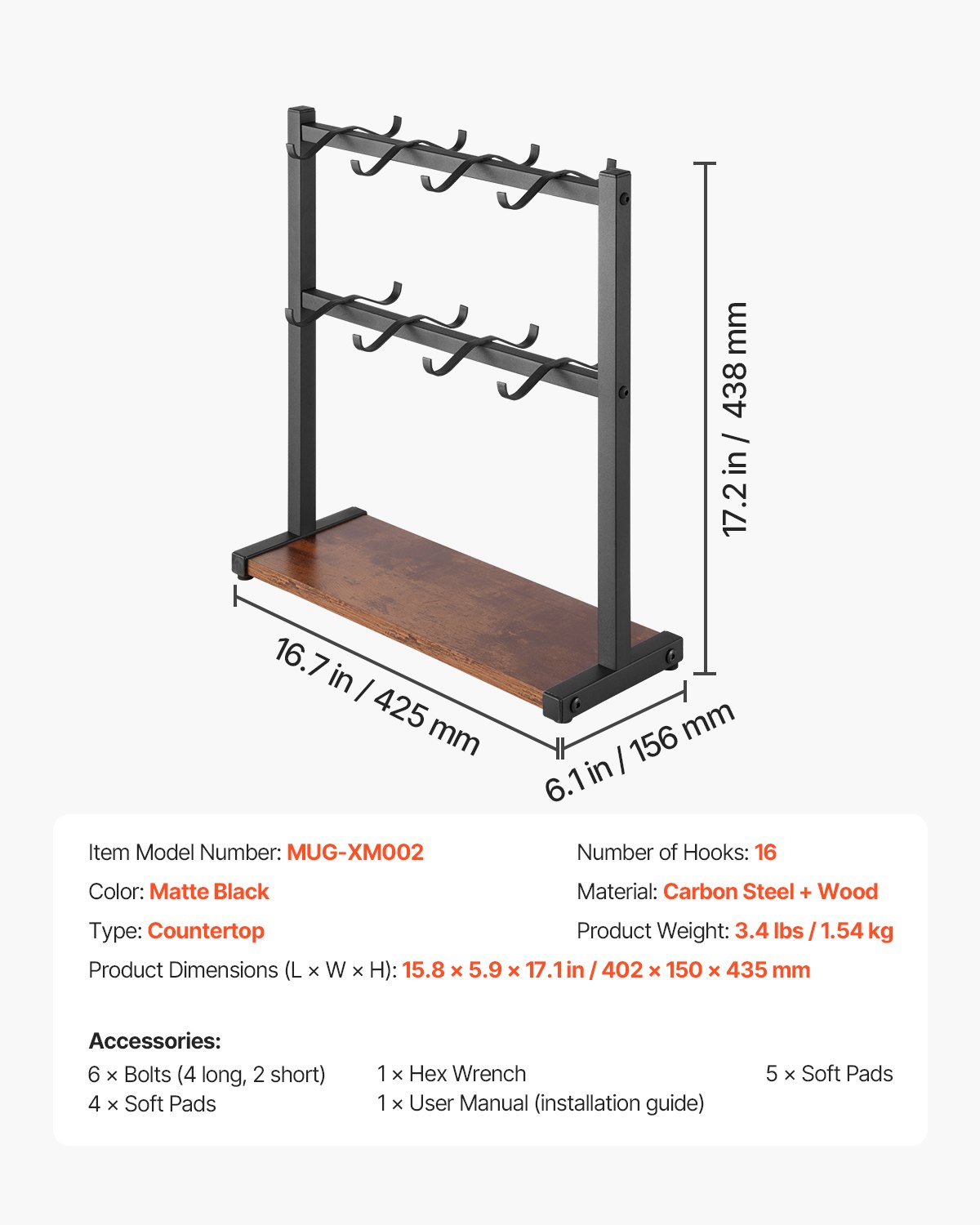 VEVOR Coffee Mug Holder for Countertop, 16 Hooks Coffee Cup Holder with Storage Base, 2 Tier Mugs Tree Rack Carbon Steel & Wood Mug Display Stand, for Coffee Bar Home Storage and Display (Matte Black)