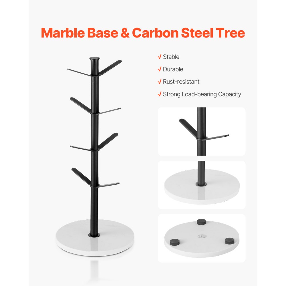 VEVOR Mug Holder Tree with Marble Base, 8 Hooks Coffee Cup Holder for Counter, Carbon Steel Mug Tree Cup Rack Stand, Upgraded Coffee Cup Tree for Coffee Bar Kitchen Home Organizer (Matte Black)