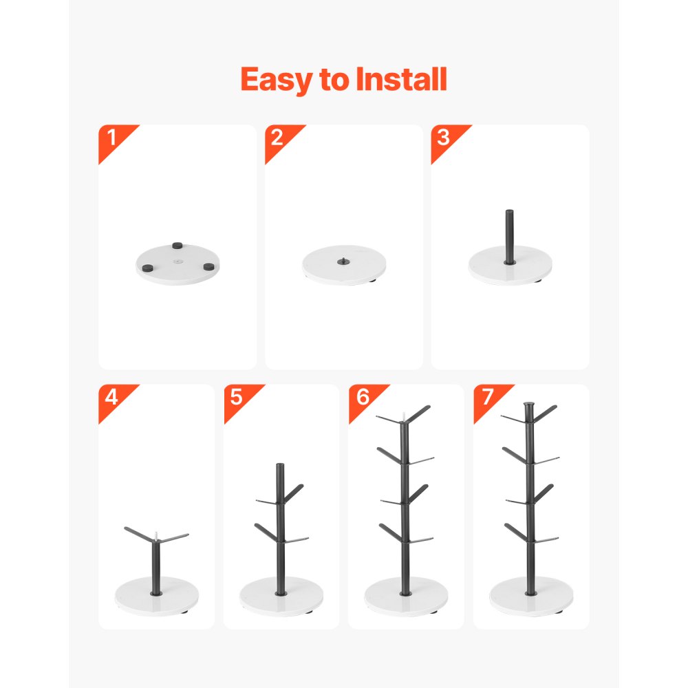 VEVOR Mug Holder Tree with Marble Base, 8 Hooks Coffee Cup Holder for Counter, Carbon Steel Mug Tree Cup Rack Stand, Upgraded Coffee Cup Tree for Coffee Bar Kitchen Home Organizer (Matte Black)