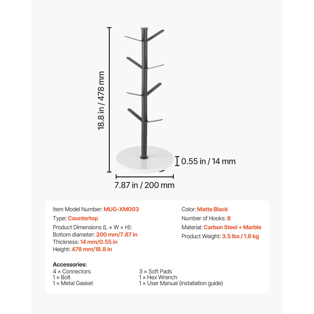 VEVOR Mug Holder Tree with Marble Base, 8 Hooks Coffee Cup Holder for Counter, Carbon Steel Mug Tree Cup Rack Stand, Upgraded Coffee Cup Tree for Coffee Bar Kitchen Home Organizer (Matte Black)