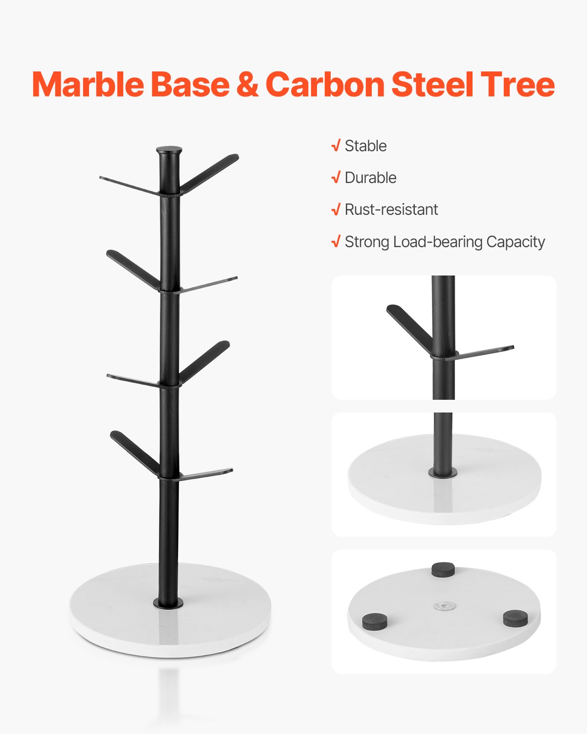 VEVOR Mug Holder Tree with Marble Base, 8 Hooks Coffee Cup Holder for Counter, Carbon Steel Mug Tree Cup Rack Stand, Upgraded Coffee Cup Tree for Coffee Bar Kitchen Home Organizer (Matte Black)