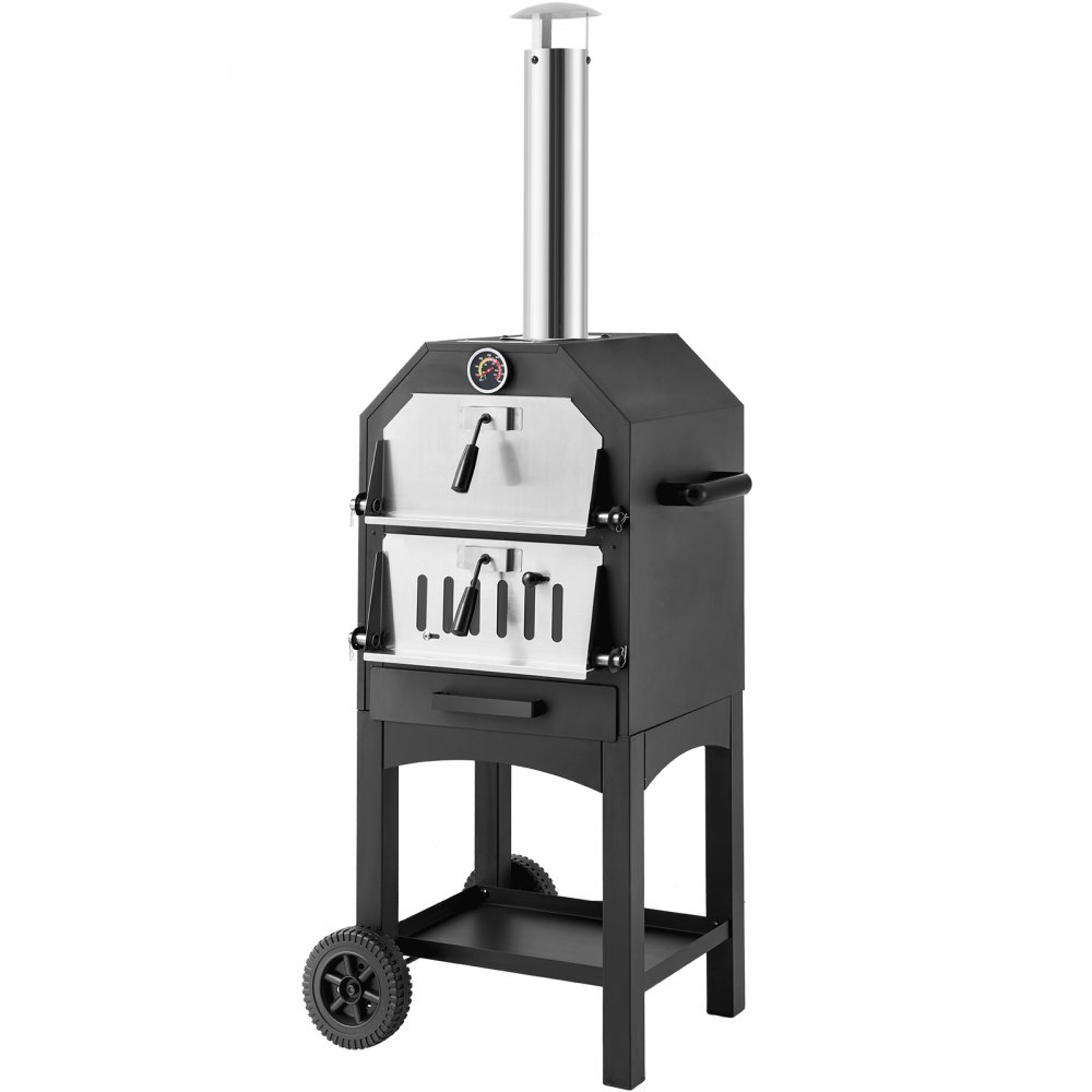 VEVOR 30,48 cm houtgestookte pizzaoven, 2-laags houtgestookte pizzaoven, houtgestookte buitenoven met 2 verwijderbare wielen, maximale temperatuur 371 °C, houtgestookte pizzaoven voor grillen