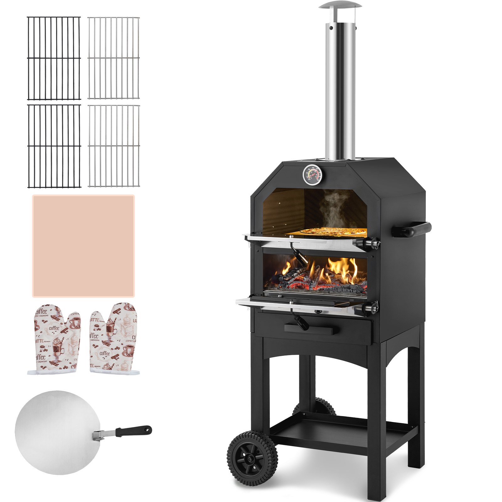 VEVOR 30,48 cm houtgestookte pizzaoven, 2-laags houtgestookte pizzaoven, houtgestookte buitenoven met 2 verwijderbare wielen, maximale temperatuur 371 °C, houtgestookte pizzaoven voor grillen