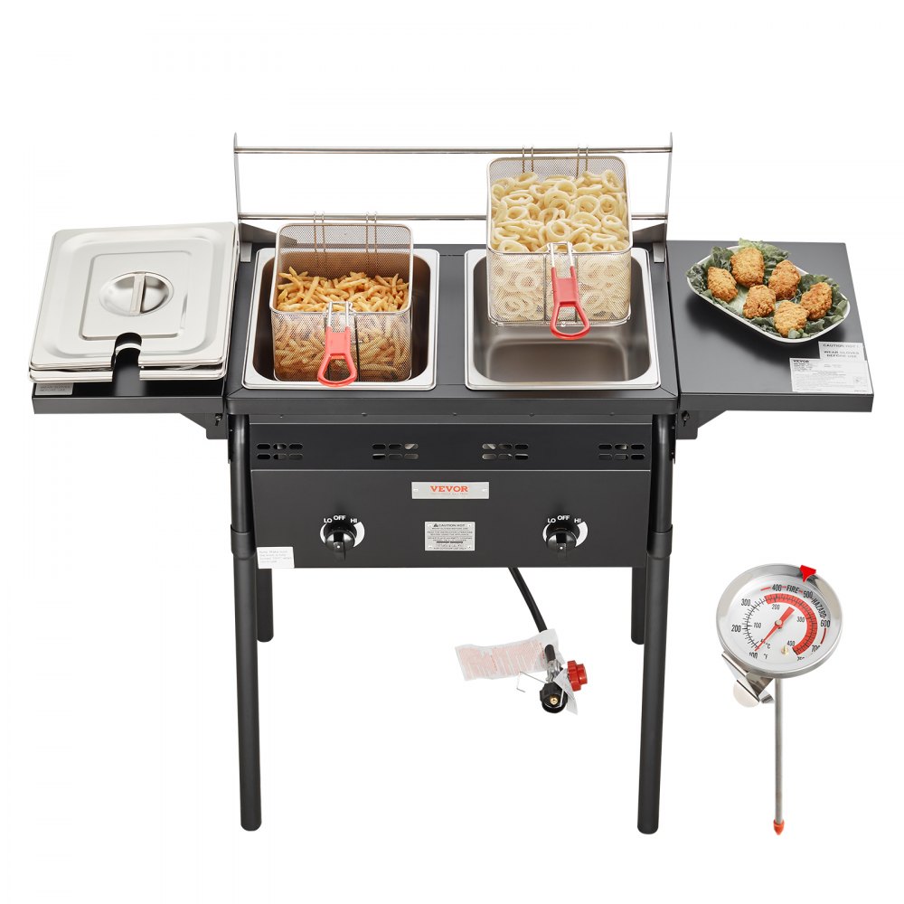 VEVOR outdoor propane deep fryer with two baskets of fries and rings, gauge, and side tray with food.