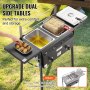 VEVOR outdoor propane deep fryer with two side tables, frying food and onion rings in basket.