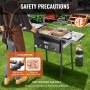 VEVOR outdoor propane deep fryer in use with safety precautions and csa certification displayed.