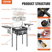 VEVOR Outdoor Propane Fryer, Double Burner Commercial Deep Fryer, 18 L Stainless Steel Cooker with Removable Baskets & Lids & Tanks, Oil Fryer Cart with Thermometer & Regulator, for Outdoor Cooking