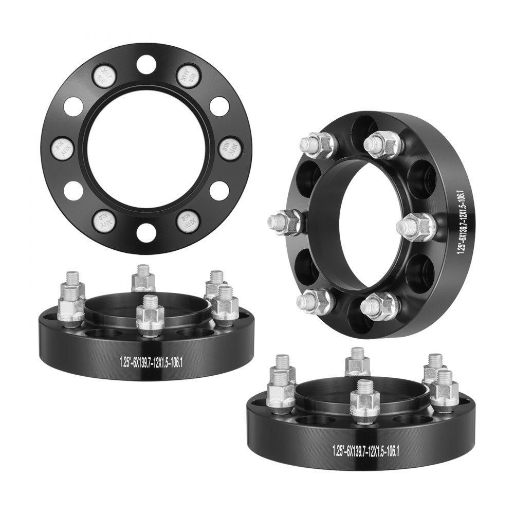 black VEVOR wheel spacers set of four with bolts, displaying 6-lug pattern and specifications.