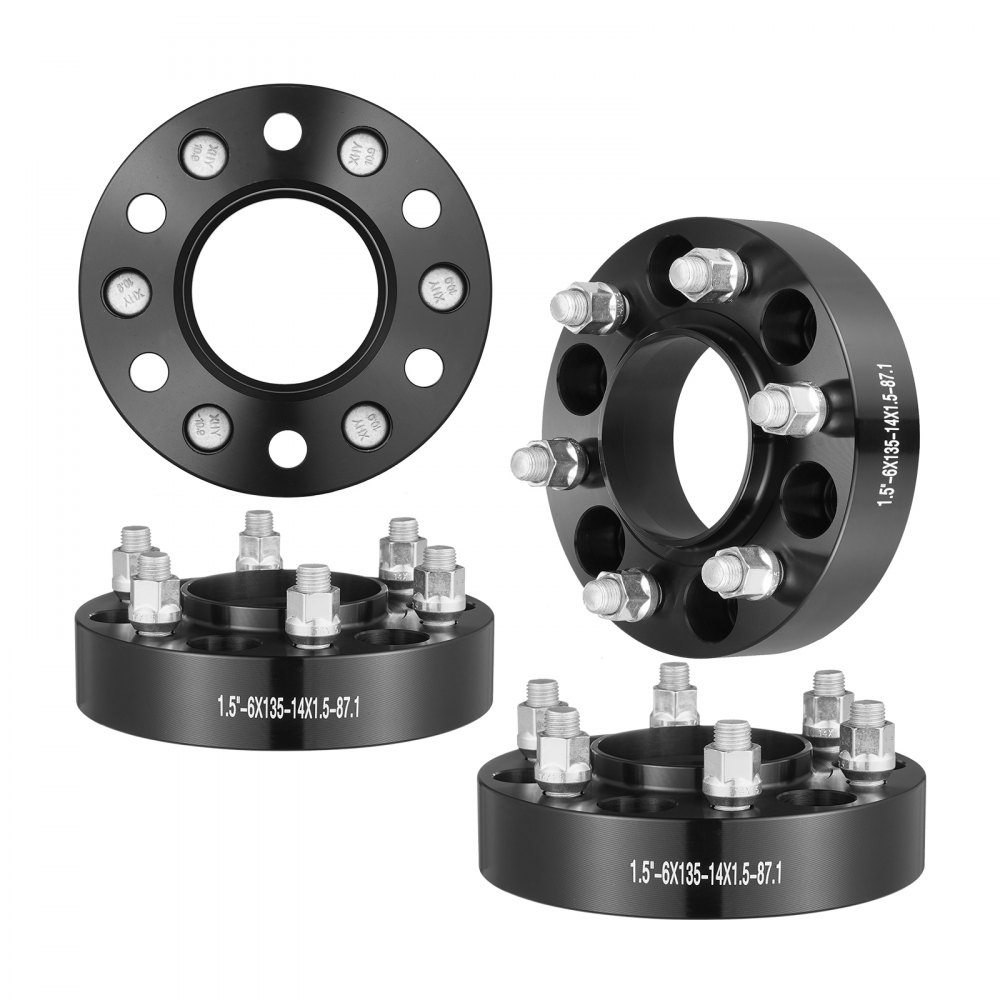 black VEVOR wheel spacers with multiple bolt holes and studs displayed in three different angles.