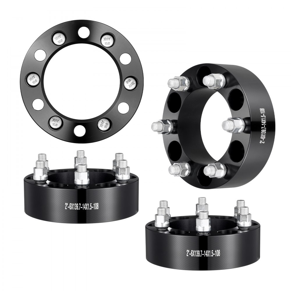 black VEVOR wheel spacers with bolts, viewed from various angles, showcasing sleek design and durability.