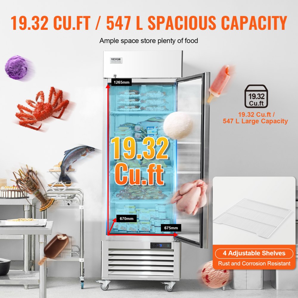 VEVOR Commercial Freezer 20.12 Cu.ft, Reach In Upright Freezer Single Door, Auto-Defrost Stainless Steel Reach-in Freezer with 3 Adjustable Shelves, -13 to 5℉ Temp Control and 4 Wheels