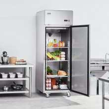 VEVOR commerciële koelkast 570 L, koelkast met één deur, roestvrijstalen koelkast met automatische ontdooiing, 3 planken, temperatuurregeling van -2 ~ + 8 °C en 4 wielen